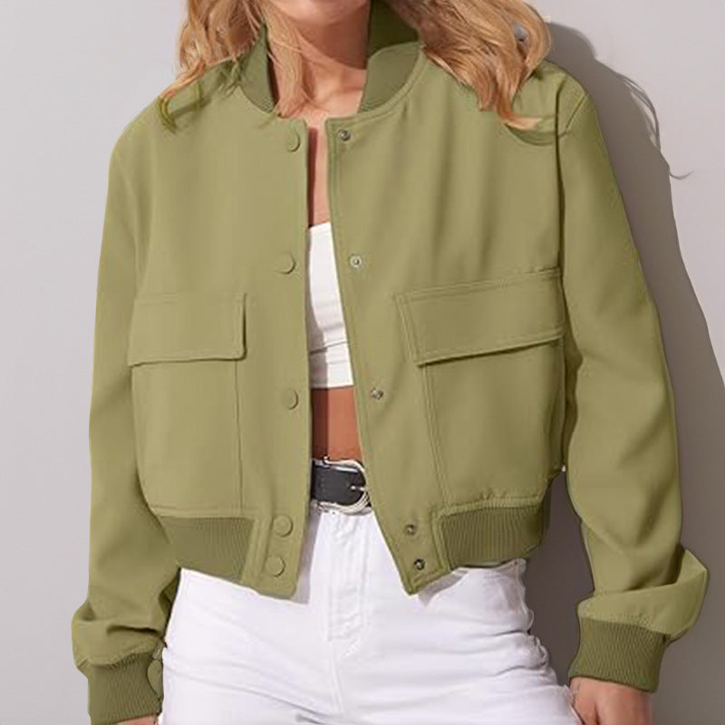 Fashion Button Stand-collar Jacket With Big Pockets Casual Loose Short