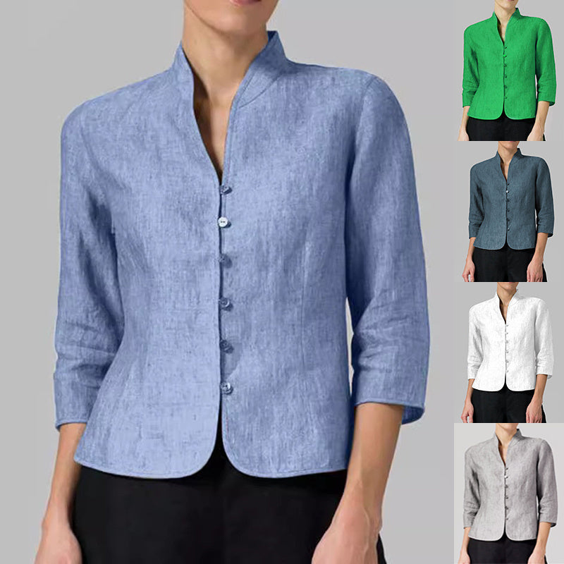 slim-fit three-quarter sleeve jacket features a V-neck and a stand collar | Koalakits36