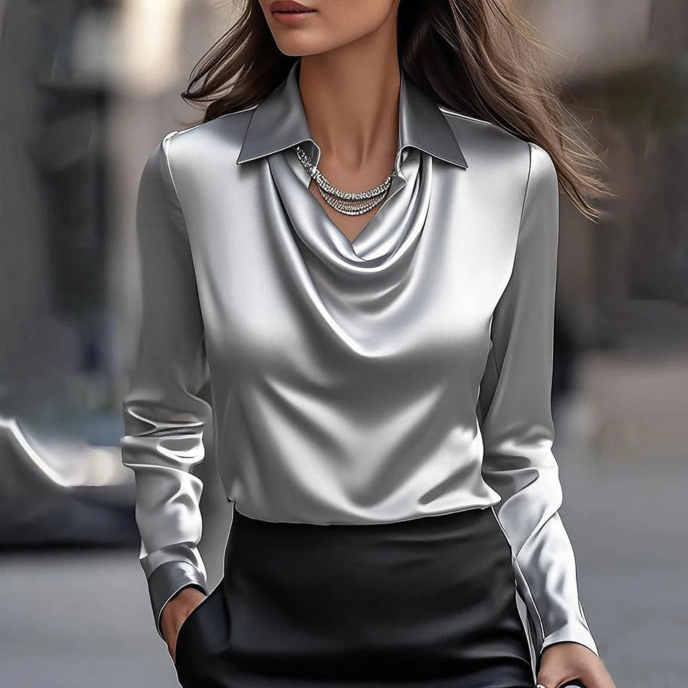 Women’s Collared Long Sleeve Solid Color Work Blouse