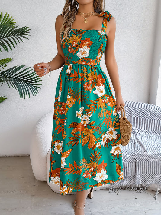Women's Floral Print Tie Waist Camisole Beach Vacation Maxi Dress