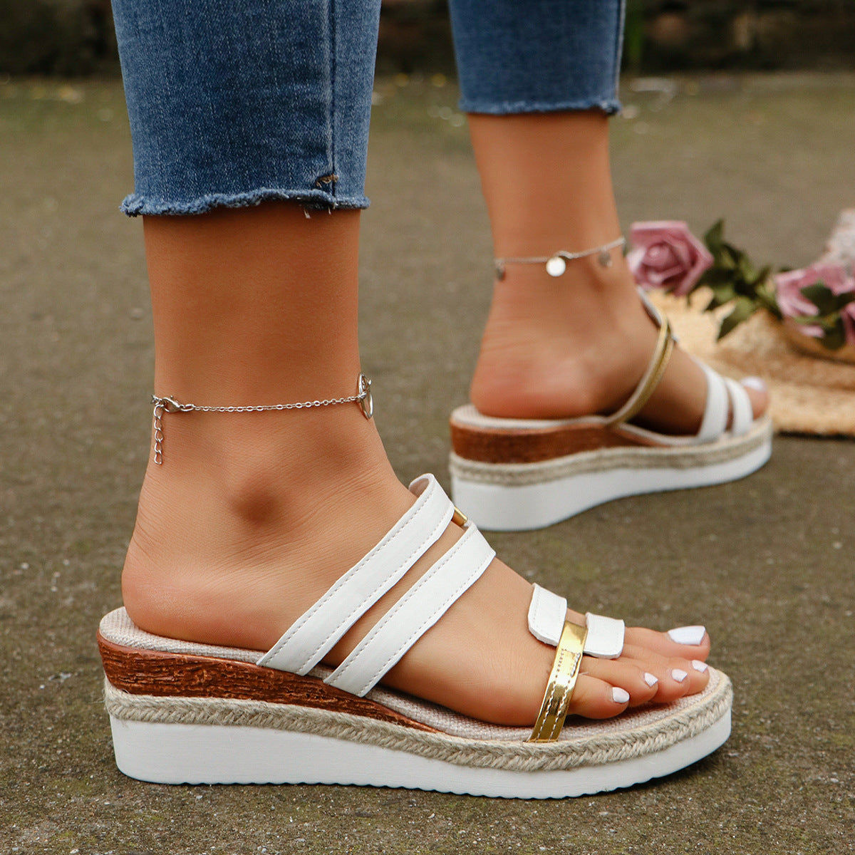 Color block-strap Wedges Sandals Summer Fashion Hemp Heel Slides Slippers Outdoor Thick Bottom Fish Mouth Shoes For Women