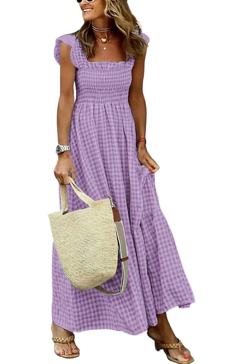 Summer Plaid Print Pleated Ruffle Dress Fashion Sleeveless for Women | Koalakits36