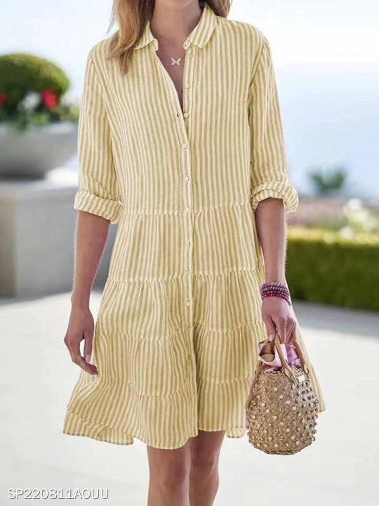 Striped Long-sleeved Shirt Dress Fashion Lapel Button Dresses For Women | Koalakits36