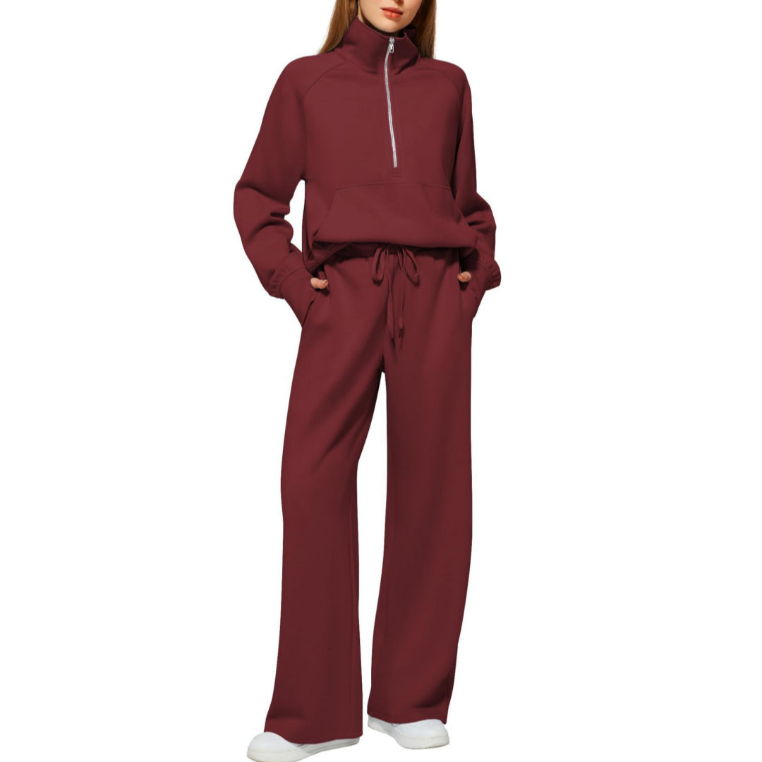 Women’s Solid Color Half-Zip Sweatshirt & Wide Long Pants