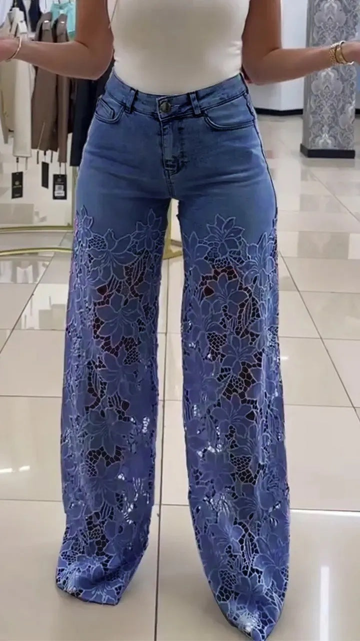 Lace Flowers Hollow Jeans Fashion High Waist Straight Wide Leg Pants Solid Color Trouser | Koalakits36