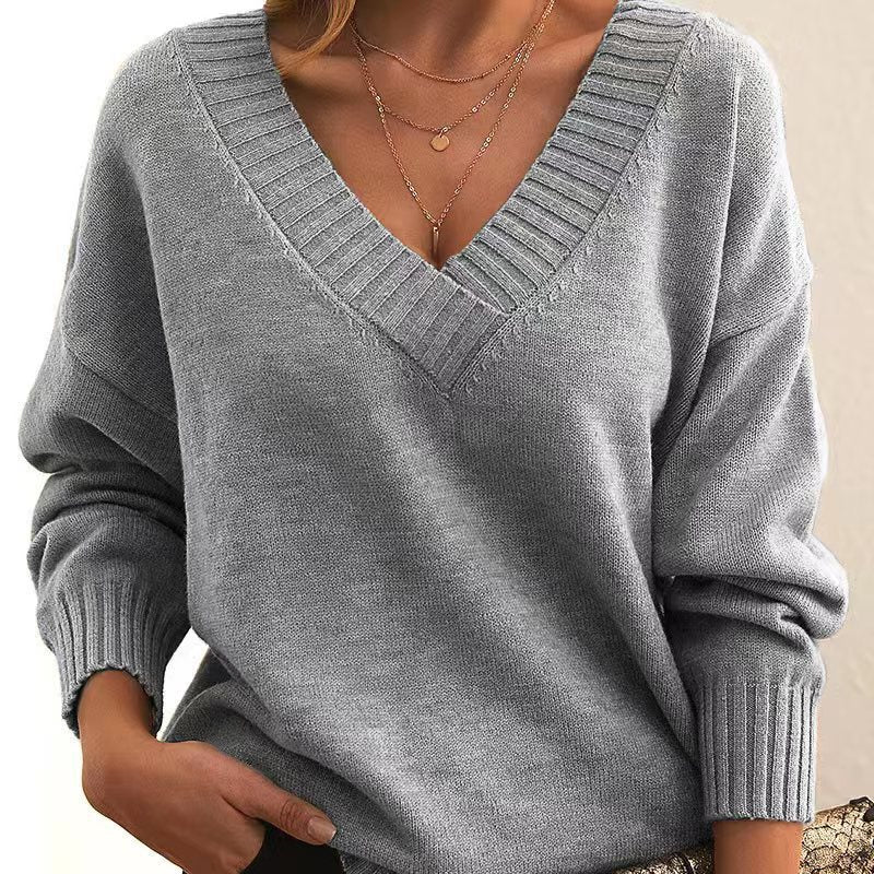 Solid V-neck Sweater Fashion Loose Long-sleeved Knitted Women's Tops Koalakits36