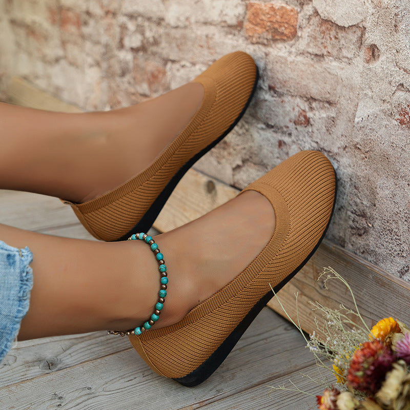 Round Toe Flats Shoes Casual Comfortable Soft Slip On Knit Mesh Shoes For Women