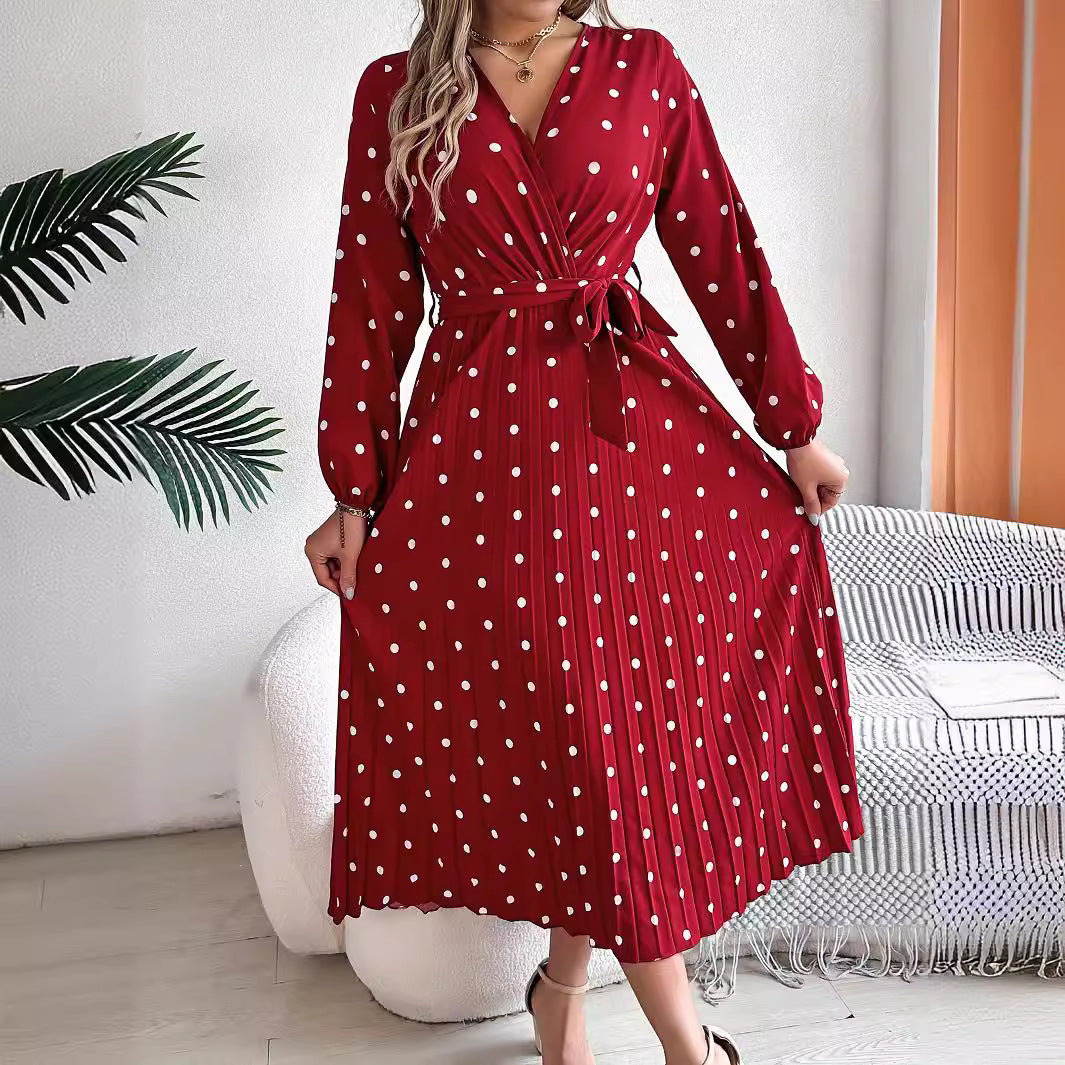 Spring Summer Elegant Long Dress Cross V-Neck Contrast Polka Dot Long Sleeve | Koalakits36
