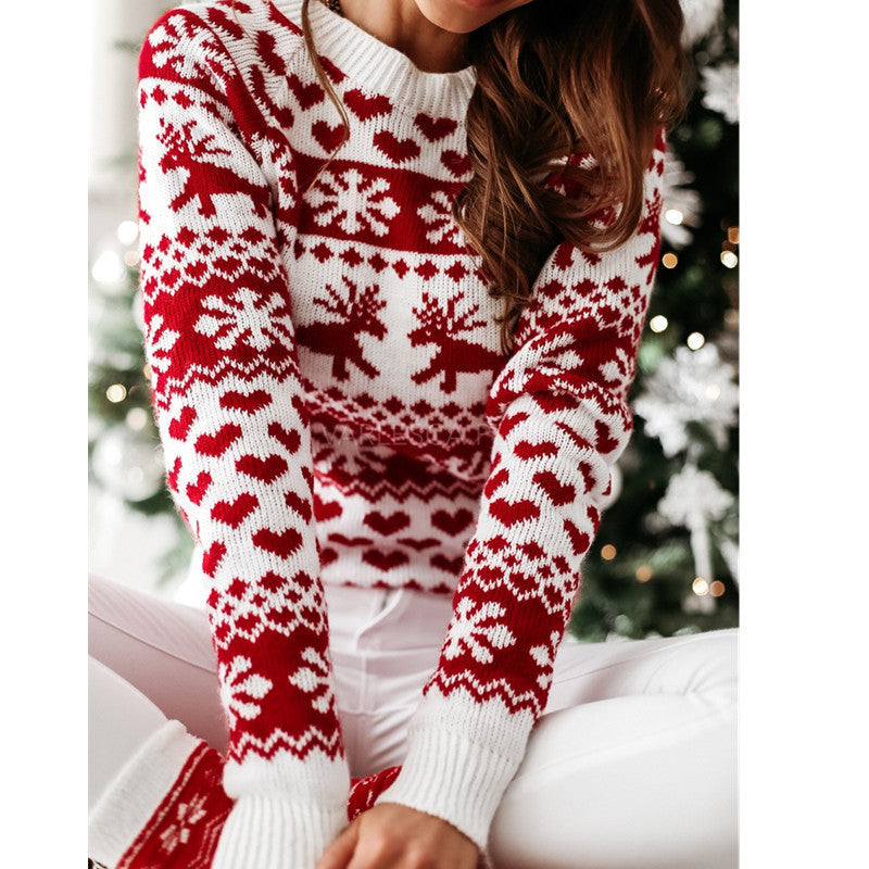 Women Christmas Sweaters Winter Long Sleeve Knitted Sweater Elk Snowflake Print Knitted Jumpers Knitwear Casual Soft Jacquard Pullover Koalakits36