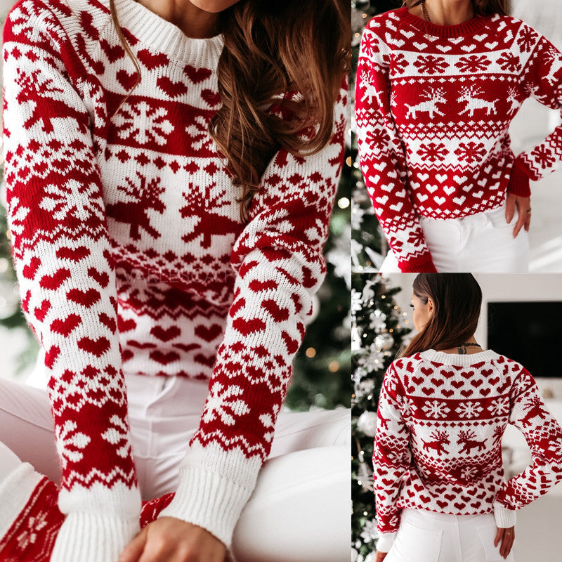 Women Christmas Sweaters Winter Long Sleeve Knitted Sweater Elk Snowflake Print Knitted Jumpers Knitwear Casual Soft Jacquard Pullover Koalakits36
