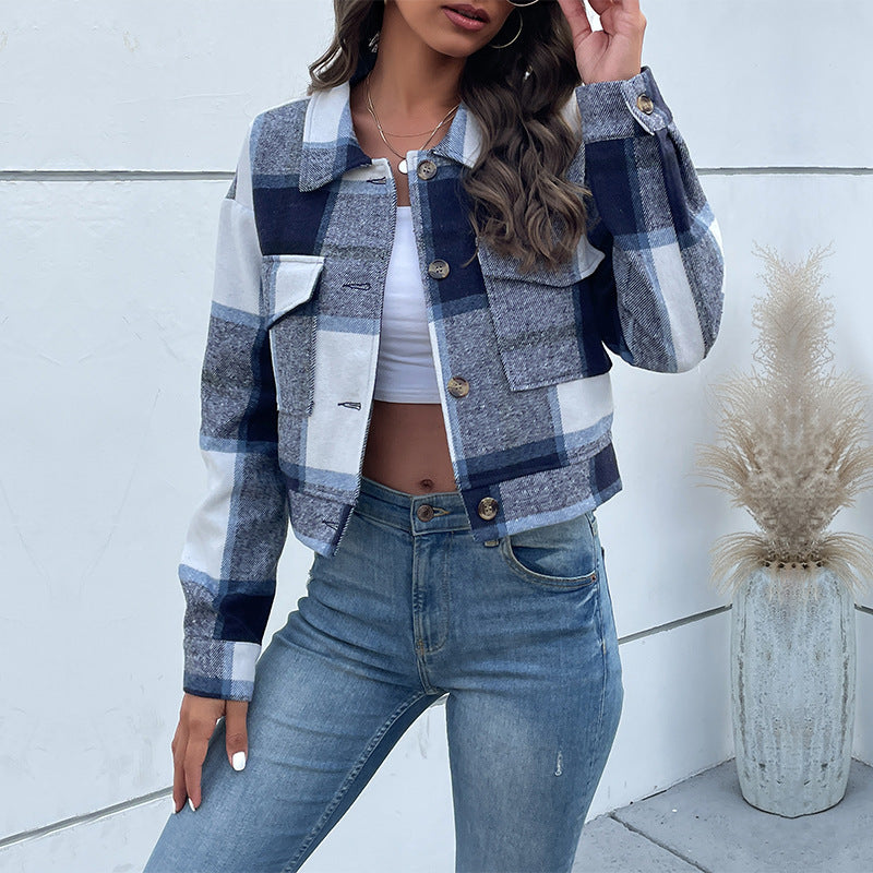 Plaid Lapel Cropped Jacket With Pockets Fashion Button Long Sleeve 