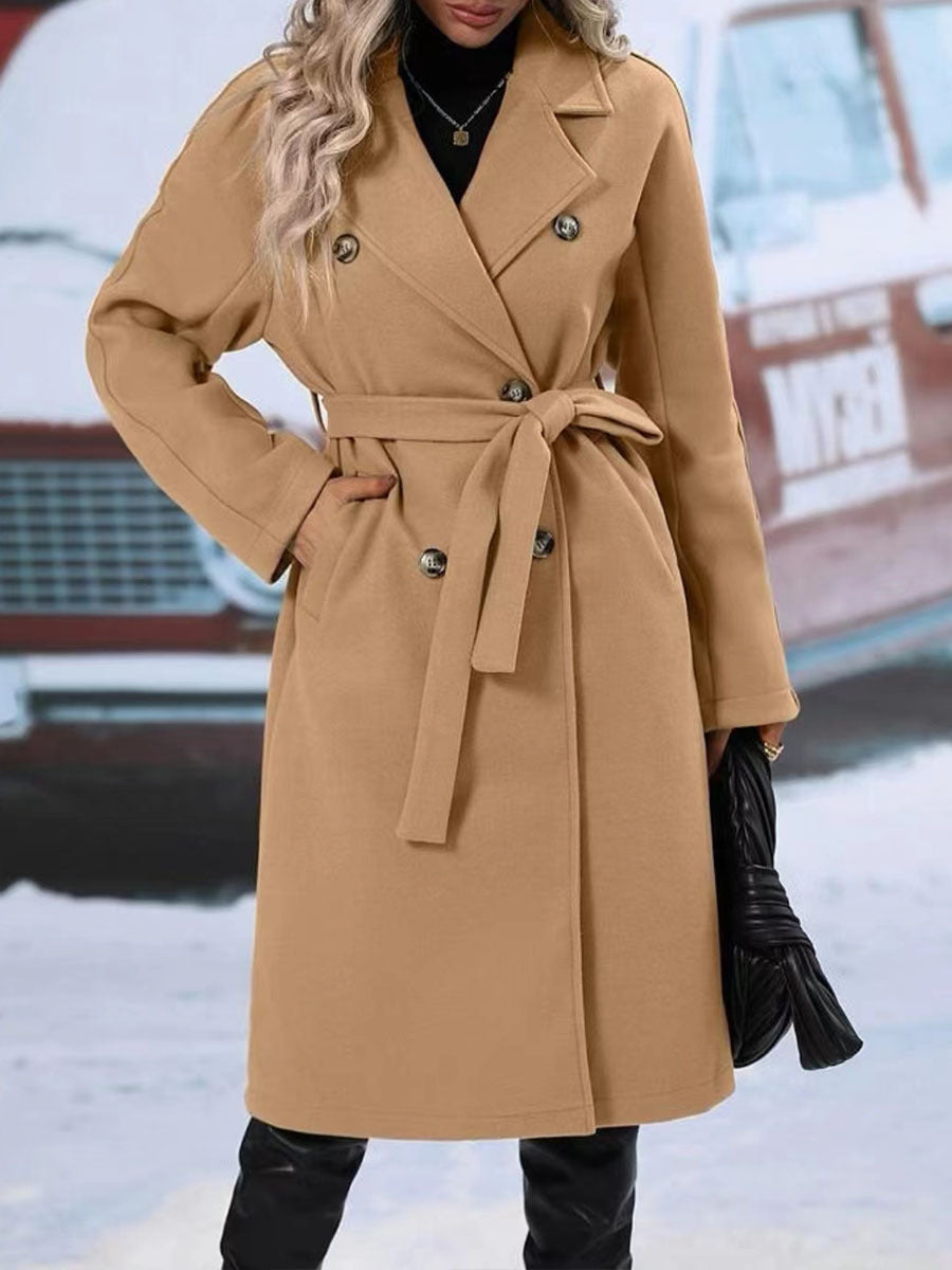 Lapel Double-breasted Trench Coat With Belt Winter Fashion Solid Color Long Jacket Outwear