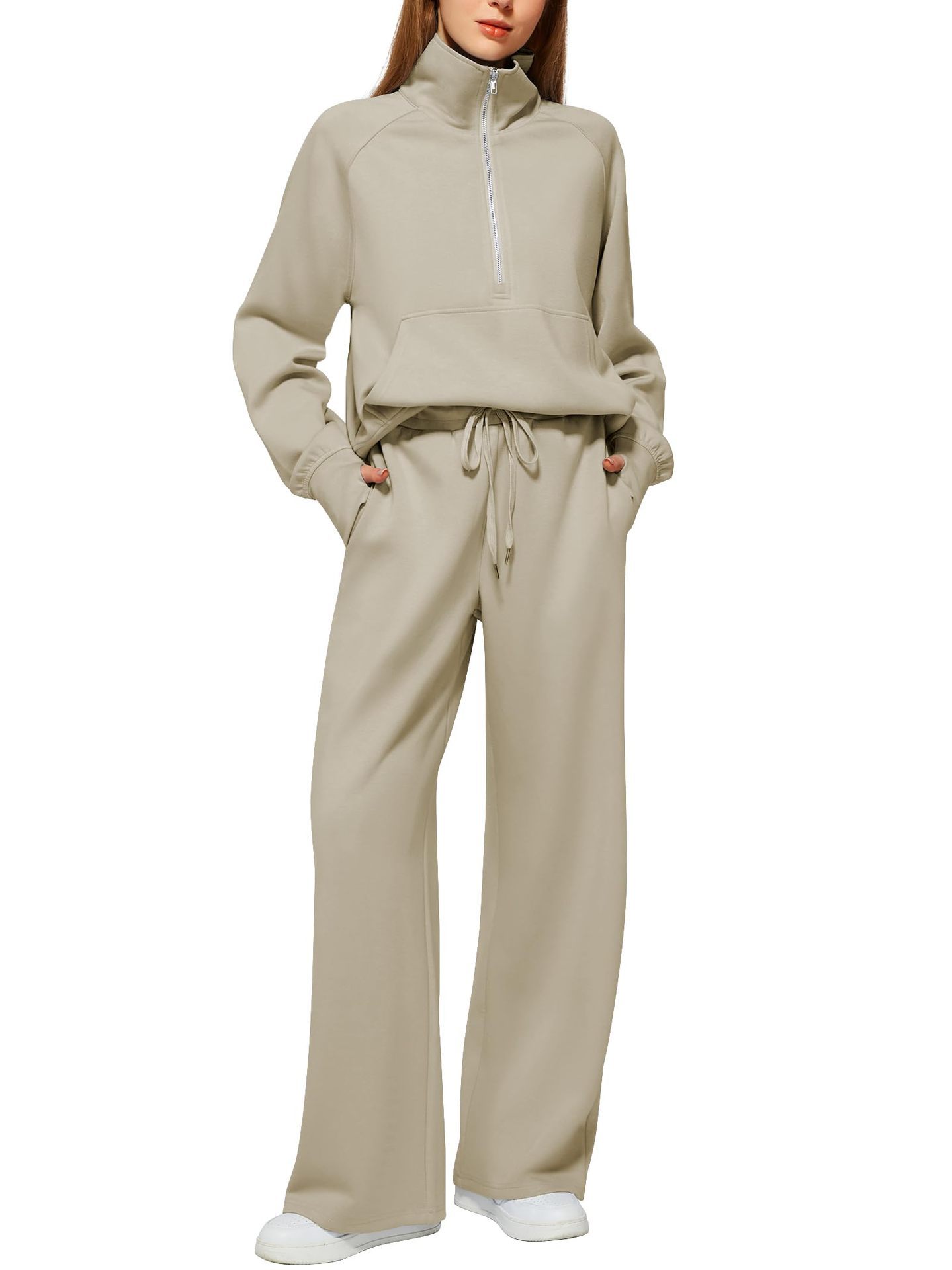 Women’s Solid Color Half-Zip Sweatshirt & Wide Long Pants