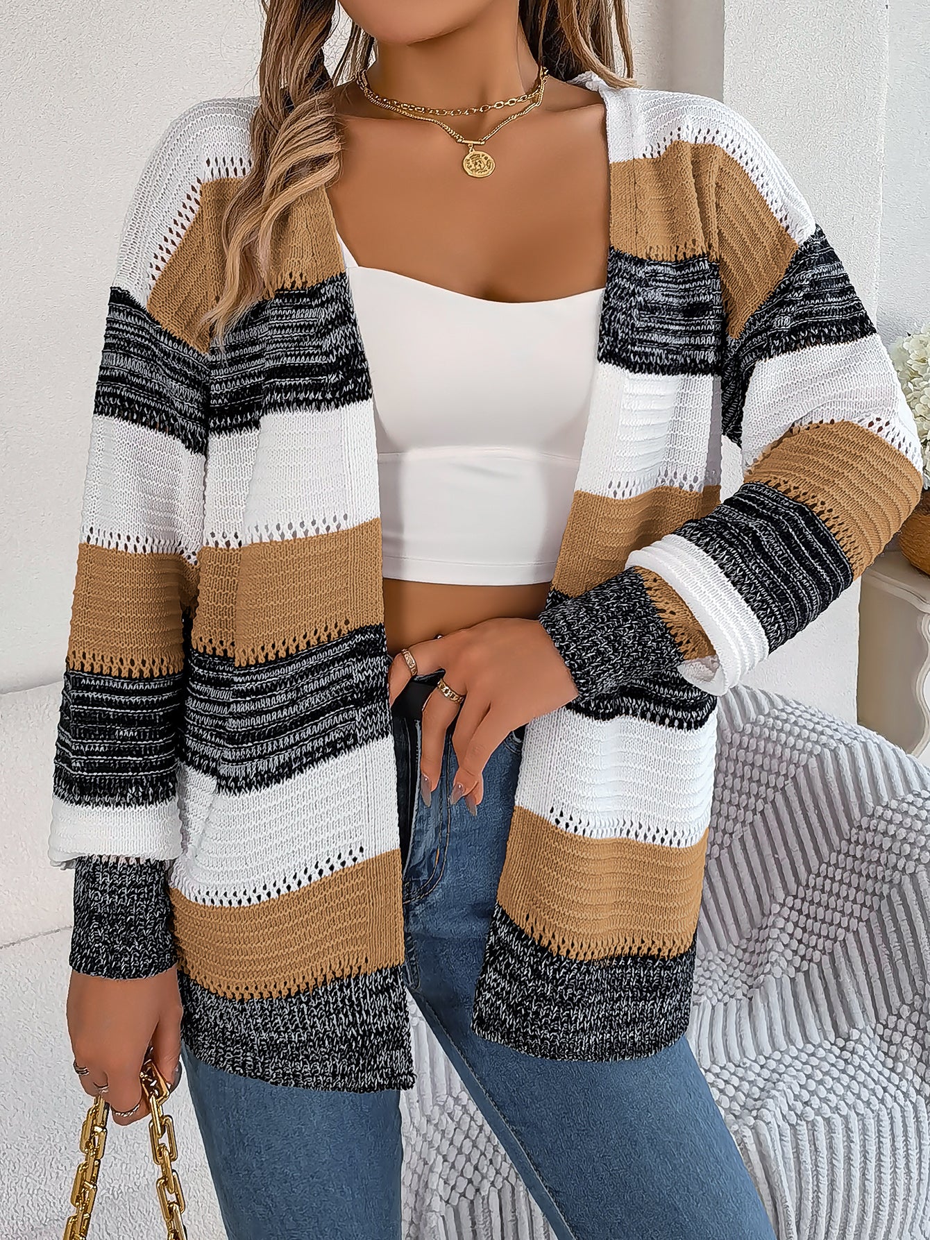 Women Casual Color Block Stripe Lantern Sleeve Cardigan Sweater Coat Koalakits36