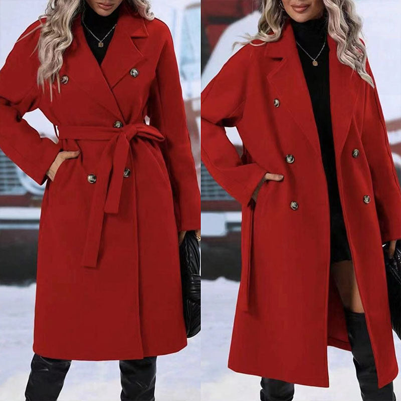 Lapel Double-breasted Trench Coat With Belt Winter Fashion Solid Color Long Jacket Outwear