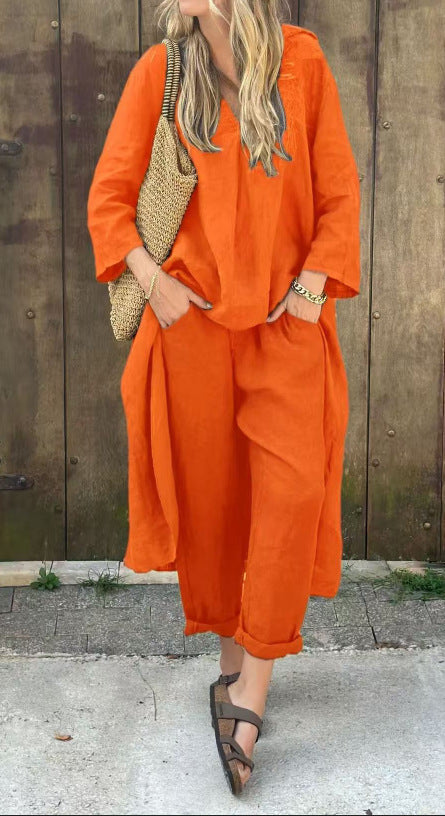 2pcs Long-sleeved Suits Loose V-neck Long Top And High Waist Wide Leg Pants | Koalakits36