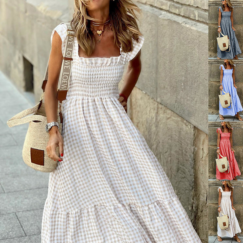 Summer Plaid Print Pleated Ruffle Dress Fashion Sleeveless for Women | Koalakits36