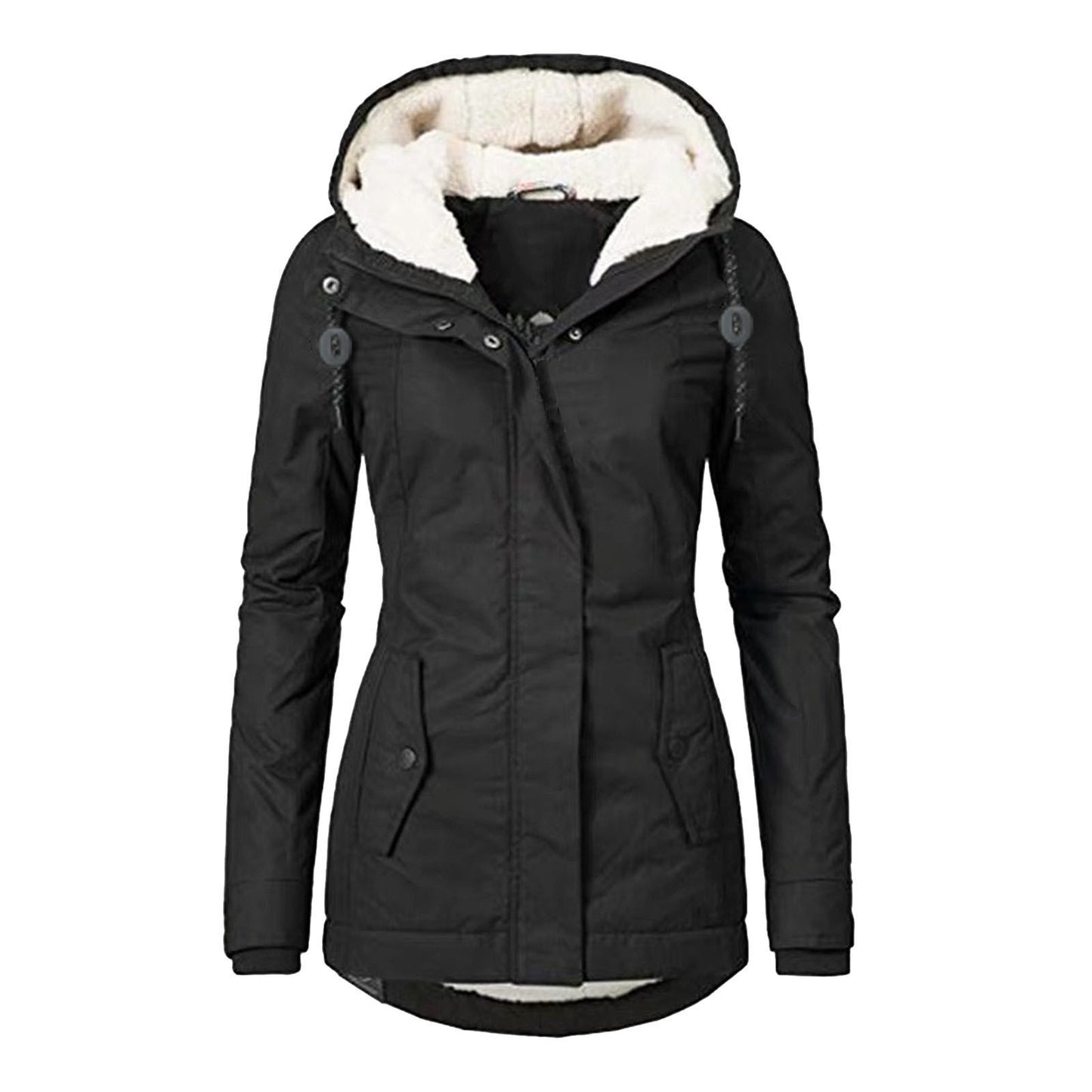 Winter Hooded Jacket Solid Color Warm Buckle Zip-up Fleece Jacket With Pockets Women's Casual Jacket Koalakits36