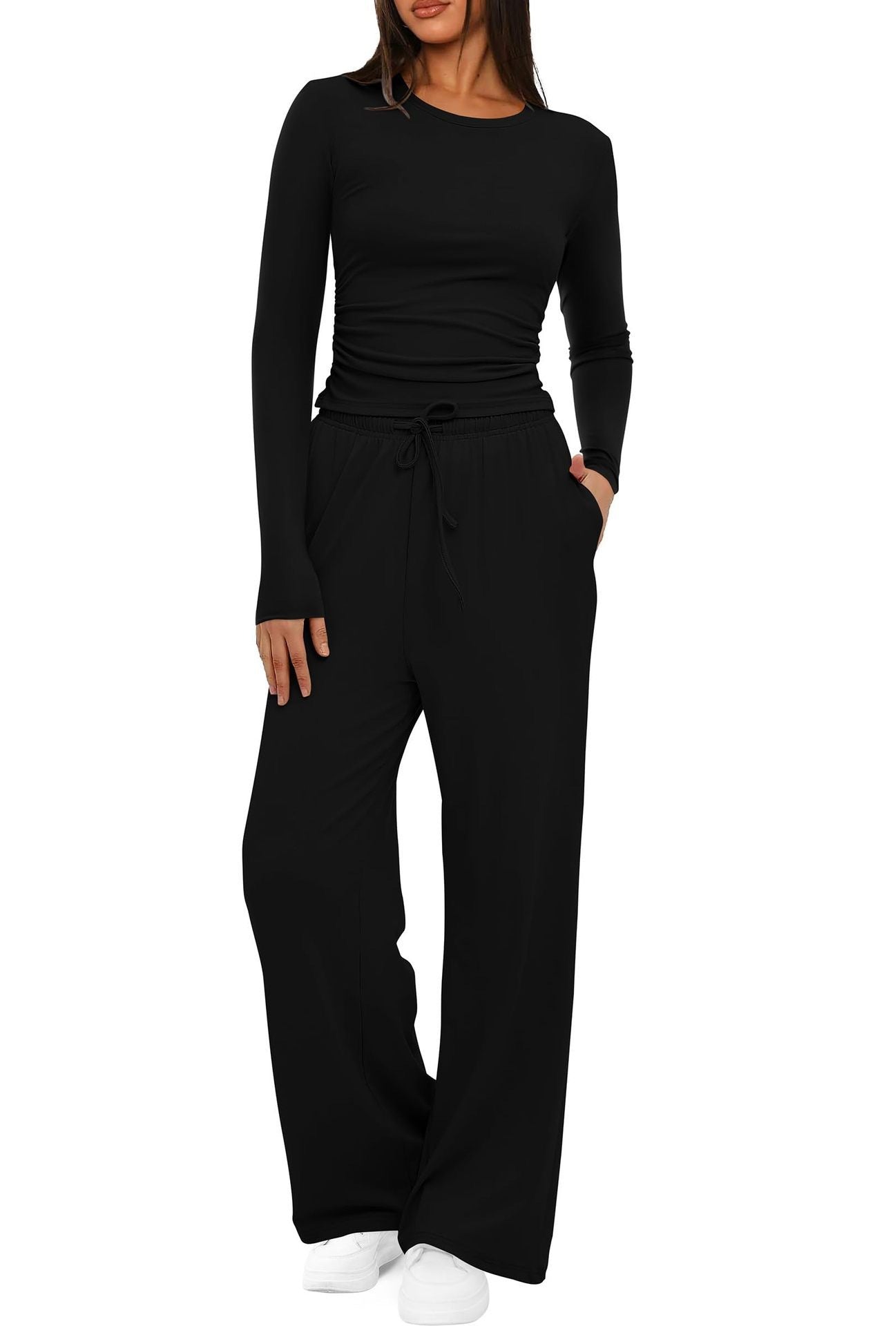 Women's Casual Suit Long Sleeve Tops High Waisted Wide Leg Pants Sportswear Clothes Solid Color | Koalakits36