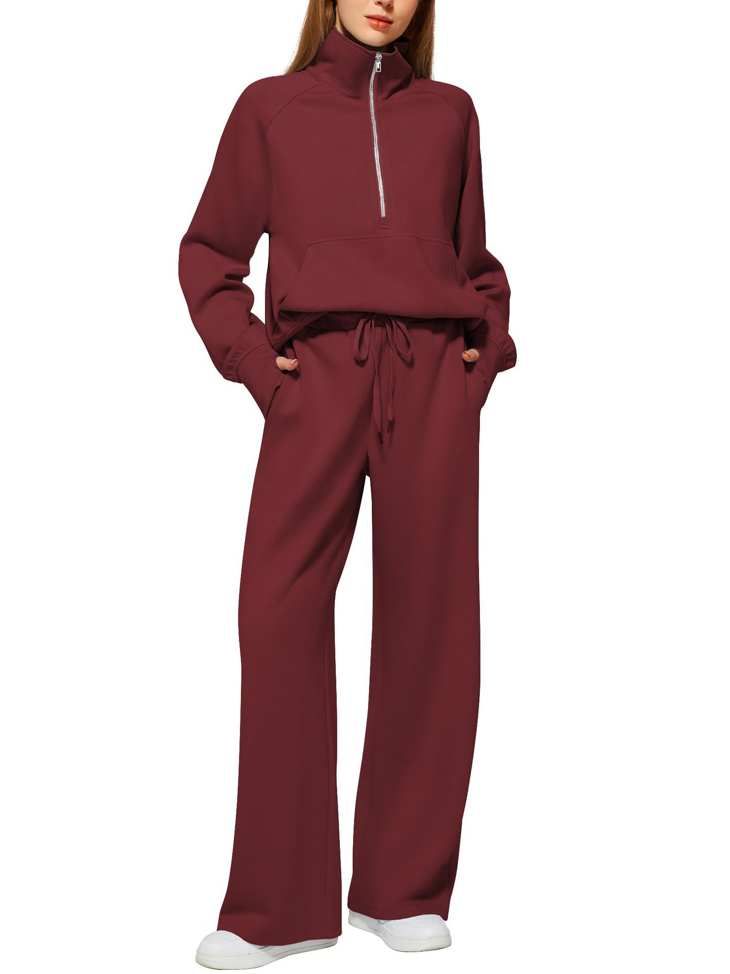 Women’s Solid Color Half-Zip Sweatshirt & Wide Long Pants