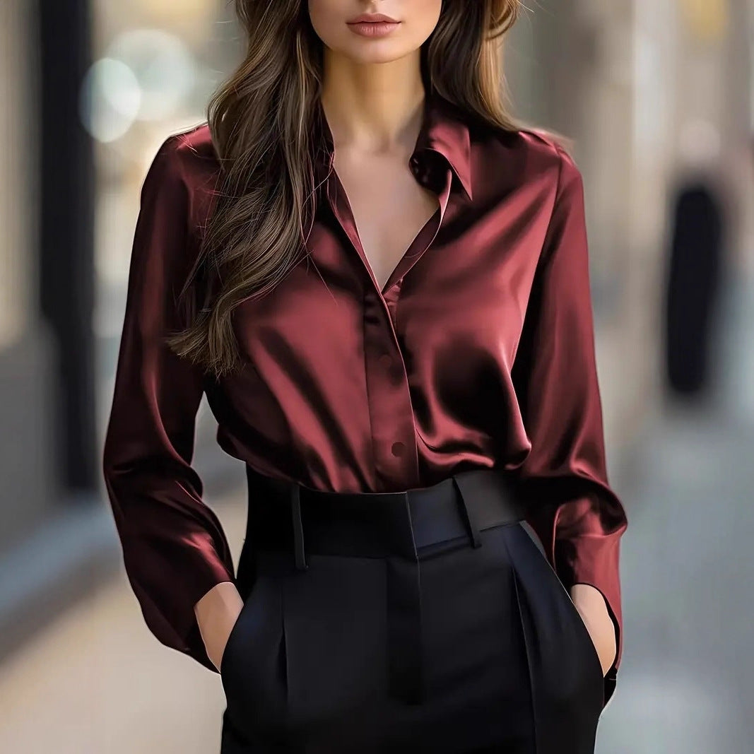 Elegant Satin Long Sleeve Blouse For Women Button-Up Collar Shirt Perfect For Casual Professional Business Work Wear Koalakits36