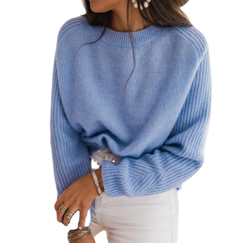 European Milk Blue Bedford Cord Sweater Women's Round-collar Long-sleeve Knitwear 