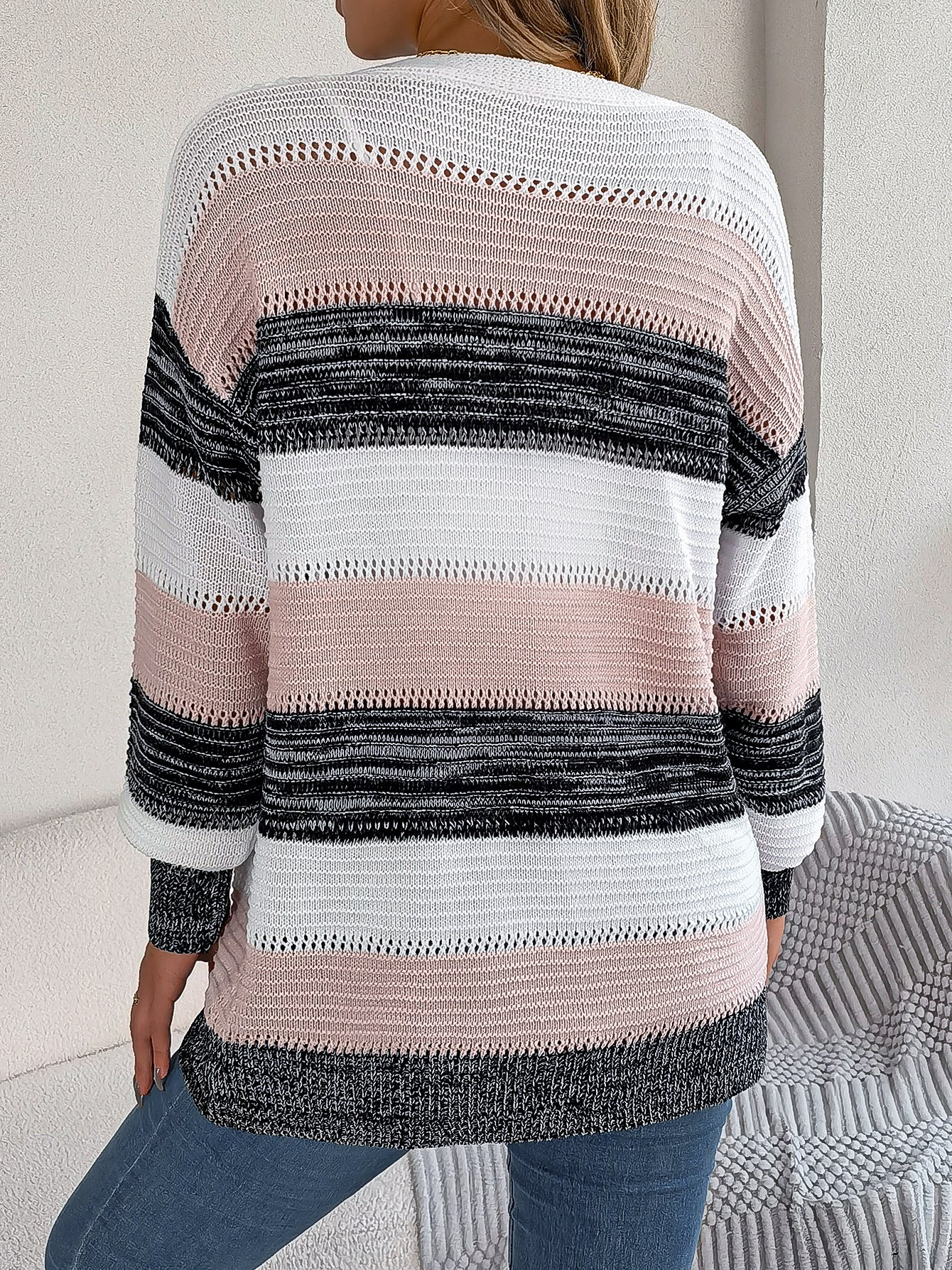 Women Casual Color Block Stripe Lantern Sleeve Cardigan Sweater Coat Koalakits36
