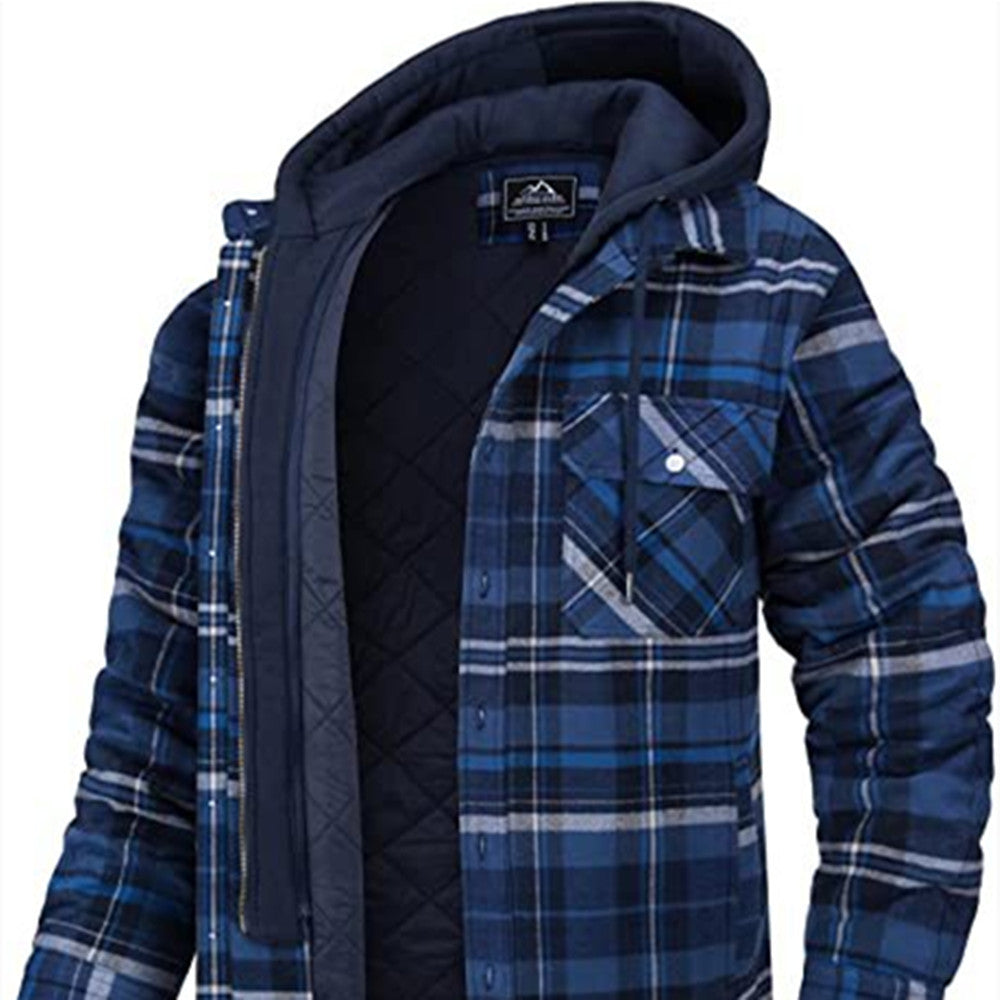 Men's Plaid Hooded Coat Winter Warm Button Zip-up Jacket Fashion Casual Thick Padded Long Sleeves Outerwear Clothing Koalakits36