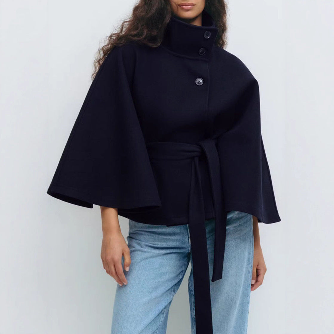 Winter High Neck Batwing Sleeve Coat With Belt Fashion Loose Elegant Button Top Trench Coat | Koalakits36