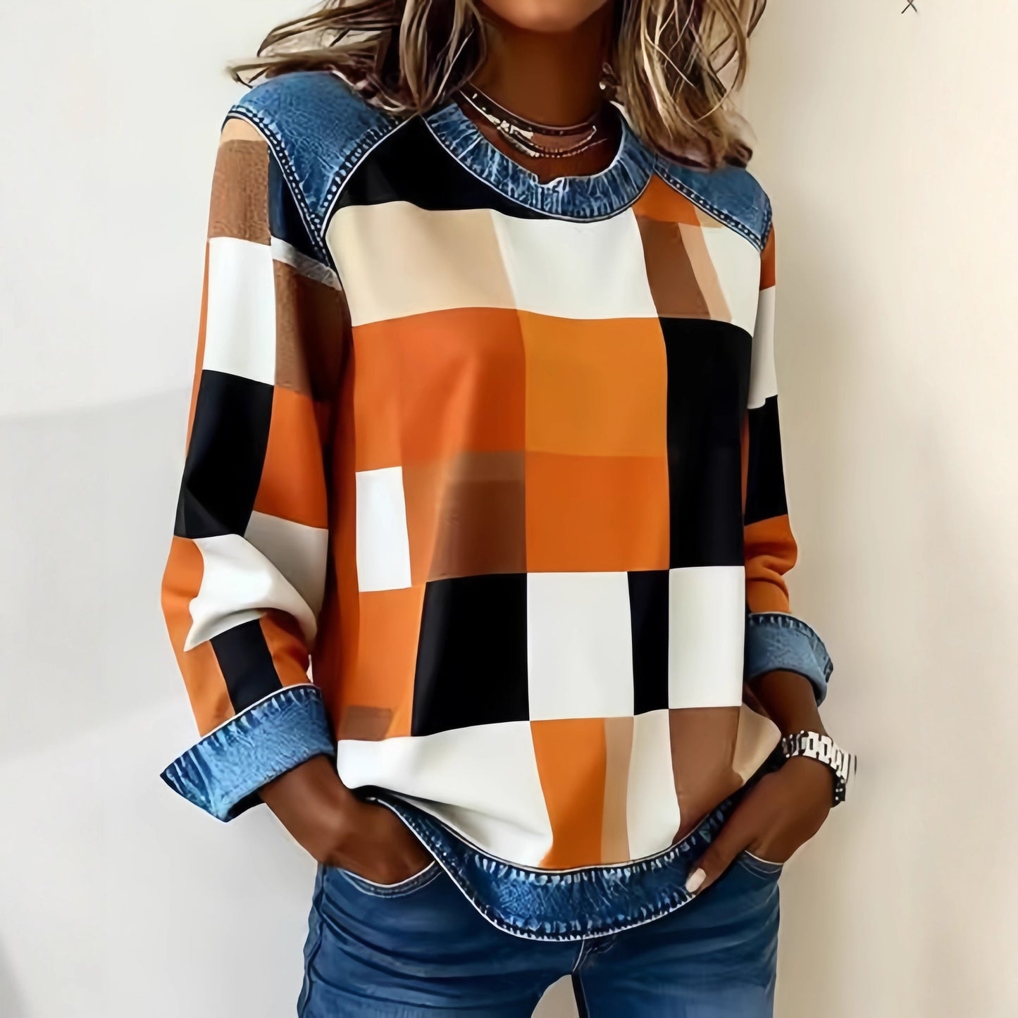Denim Patchwork Sweatshirt for Women | Long Sleeve Pullover