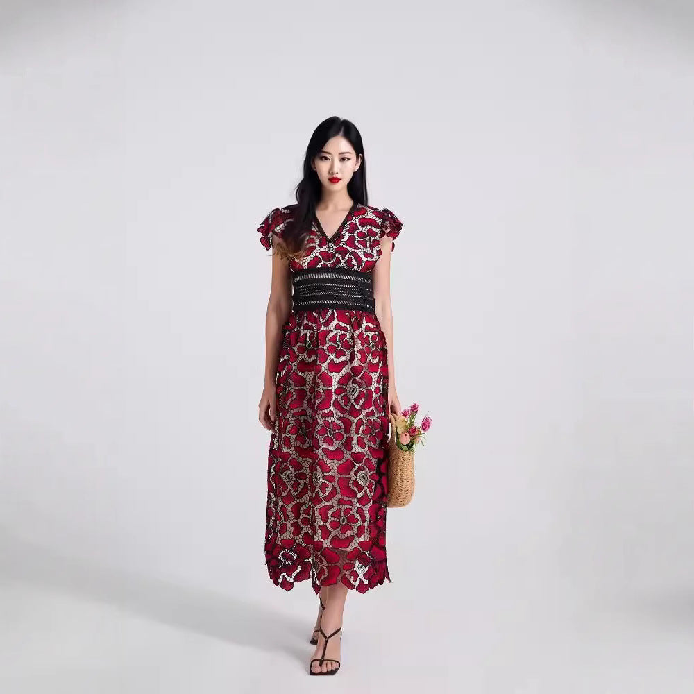 V-neck Lace Puff Sleeve Embroidered Solid Color Dress