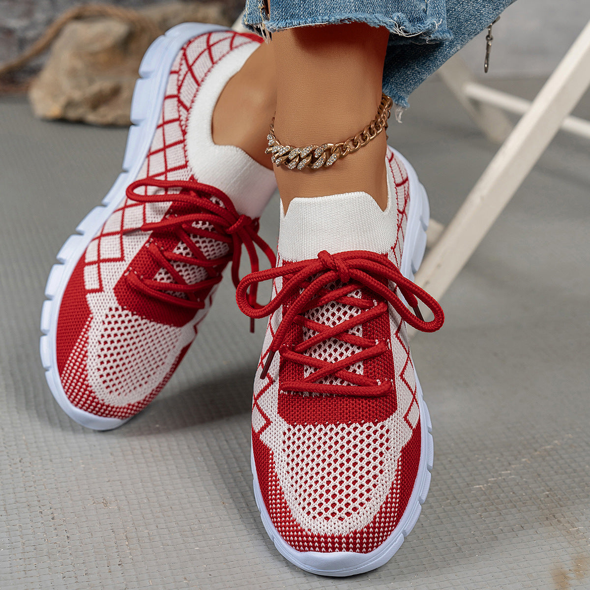 Colorblock Plaid Lace-Up Flyknit Sneakers Ins Mesh Casual Shoes Fashion Breathable | Koalakits36