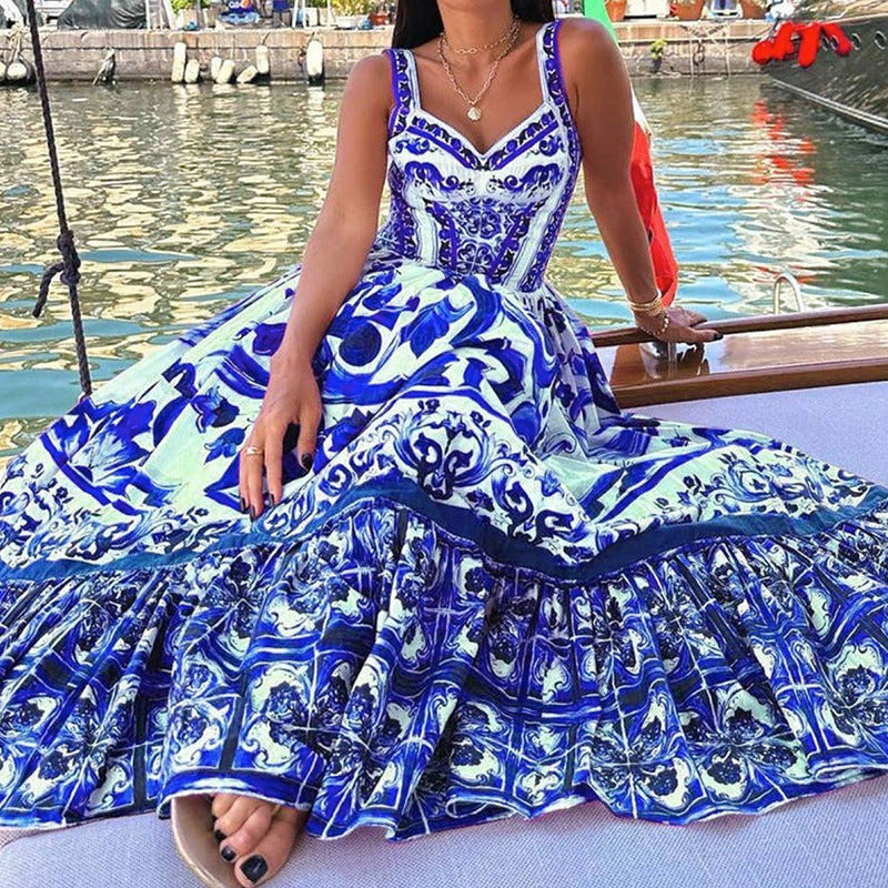 Printed Sleeveless Dress Fashion Spaghetti Waist-controlled Large Hem Dresses For Women | Koalakits36