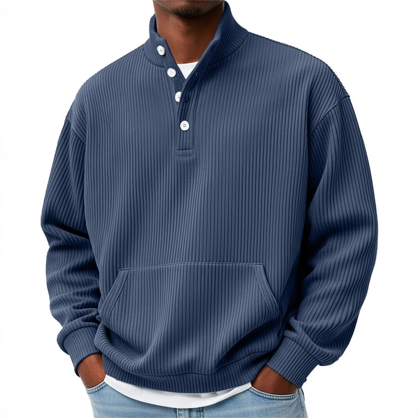 Turtleneck Casual Long-Sleeve Polo Sweatshirt With Pockets For Men Spring Autumn Clothing Loose Button Polo Collar Tees Tops Man Outwear