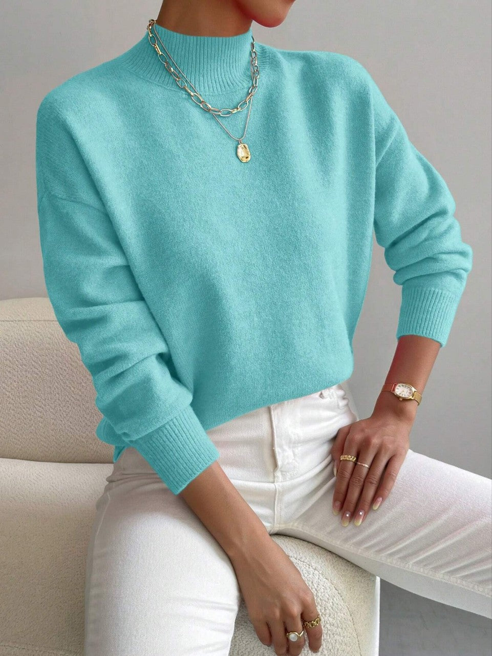 Women's Pullover Sweater Casual Solid Color Mid-high Neck Long-sleeved Knitted Tops koalakits36