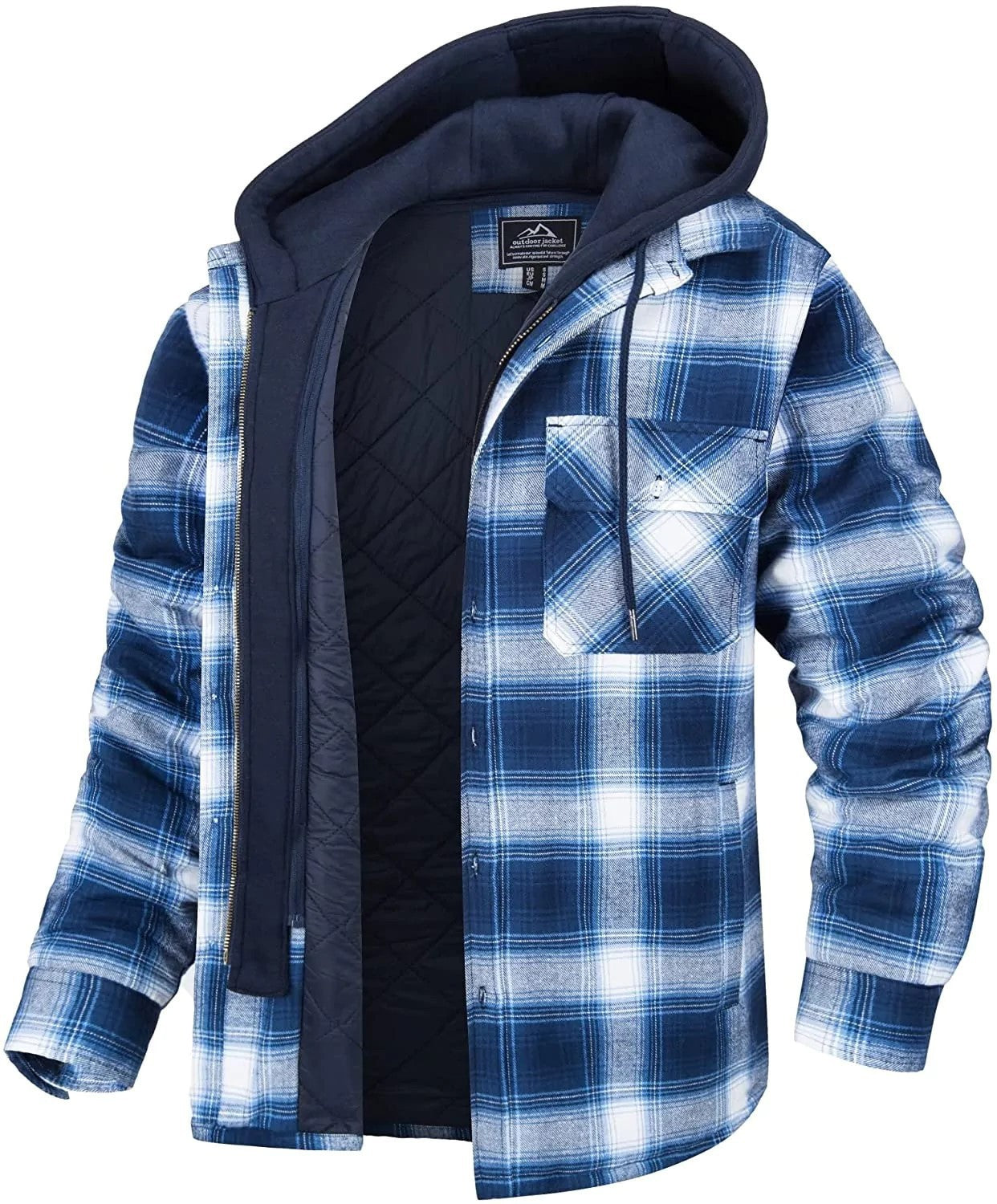 Men's Plaid Hooded Coat Winter Warm Button Zip-up Jacket Fashion Casual Thick Padded Long Sleeves Outerwear Clothing Koalakits36