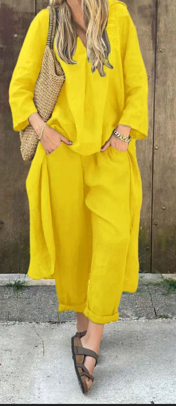 2pcs Long-sleeved Suits Loose V-neck Long Top And High Waist Wide Leg Pants | Koalakits36