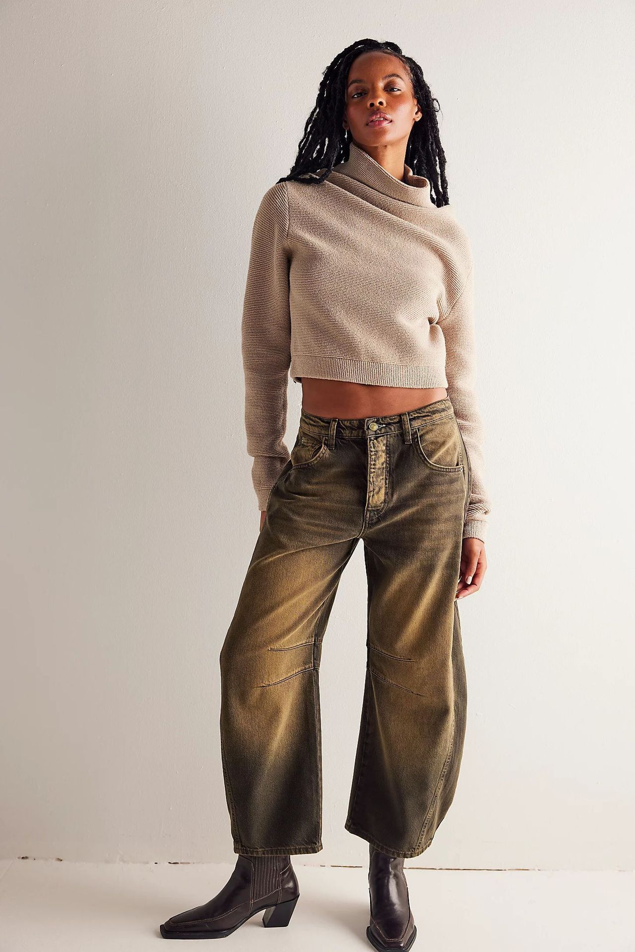 High Stretch Mid-Rise Barrel Jeans Fashion Wide Leg Shape Women Casual Baggy Mid Waist  | Koalakits36