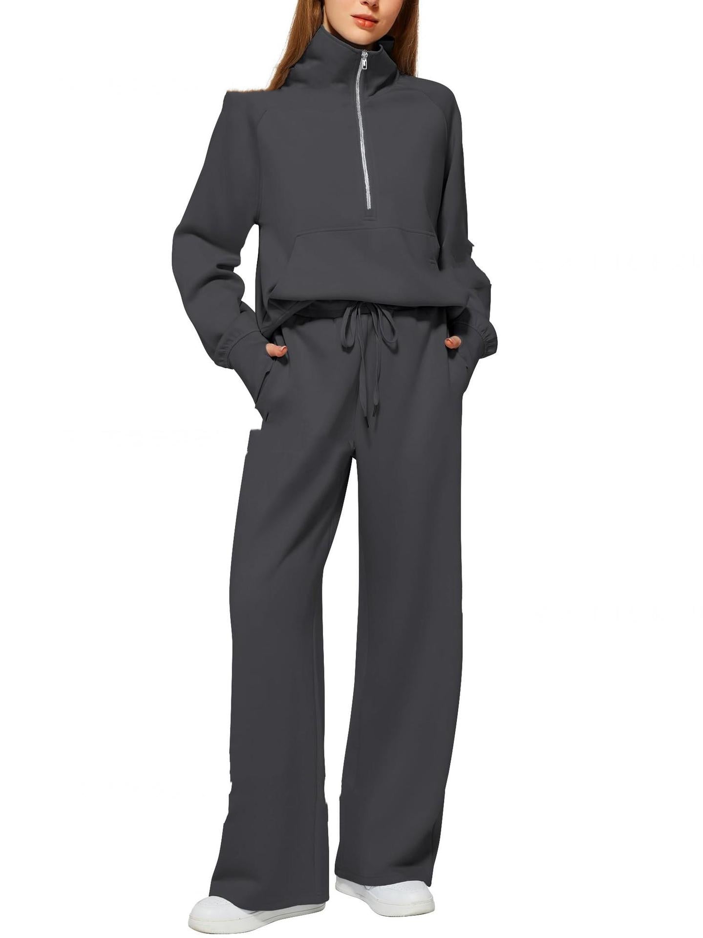 Women’s Solid Color Half-Zip Sweatshirt & Wide Long Pants