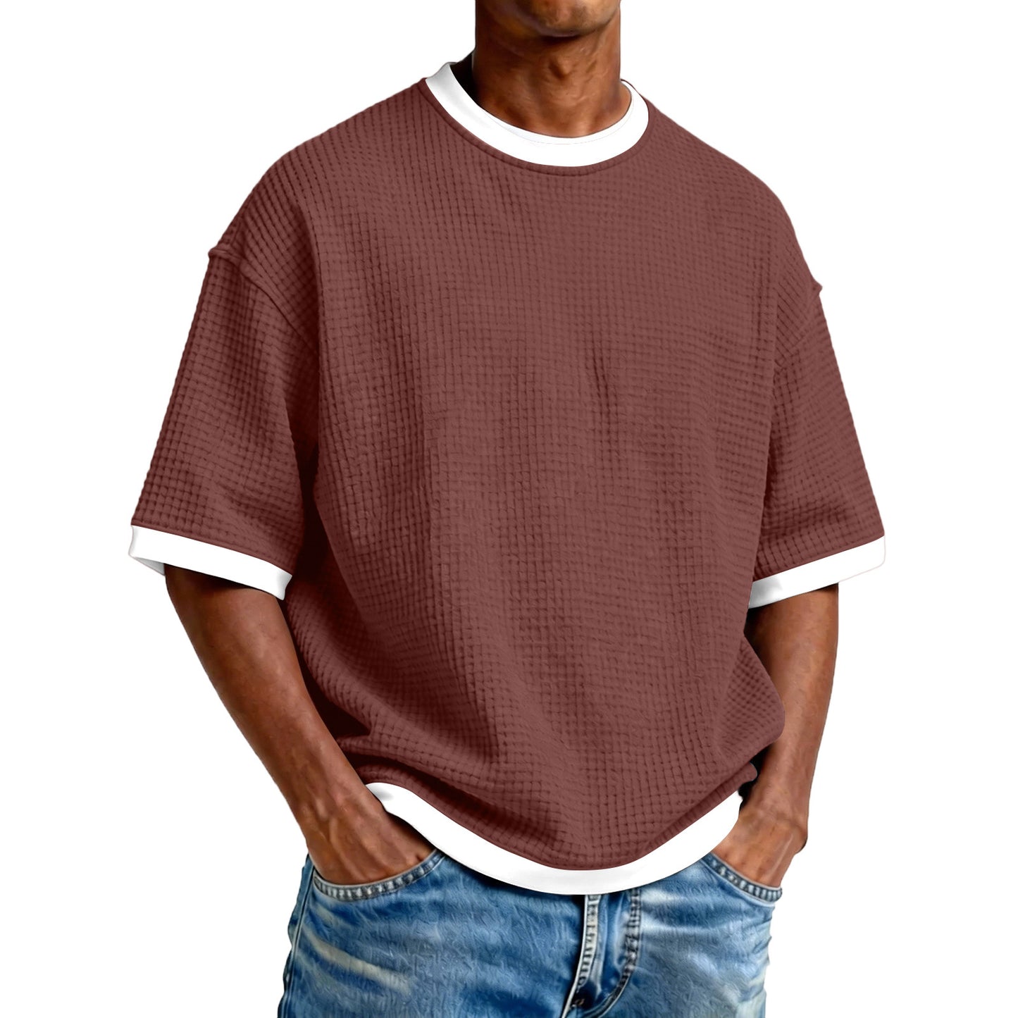 Men's Crew Neck Contrast Color Casual T-Shirt - Cotton Blend Lightweight Short Sleeve Top For Daily Wear