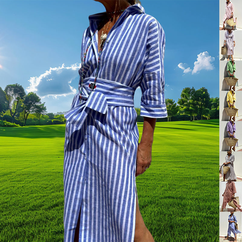 Striped Shirt Dress With Belt Fashion Half-sleeved Lapel Button Cardigan Dresses