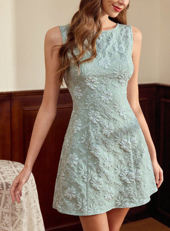 Floral Jacquard Sleeveless Dress French Minimalist Style Women's Summer Dress