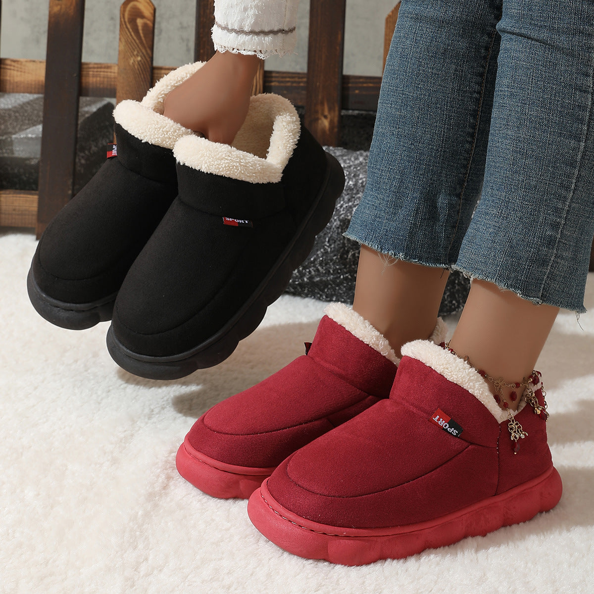 Winter Plush Cotton Shoes Women Men Warm Suede House Shoes For Parents Solid Color Thick-soled