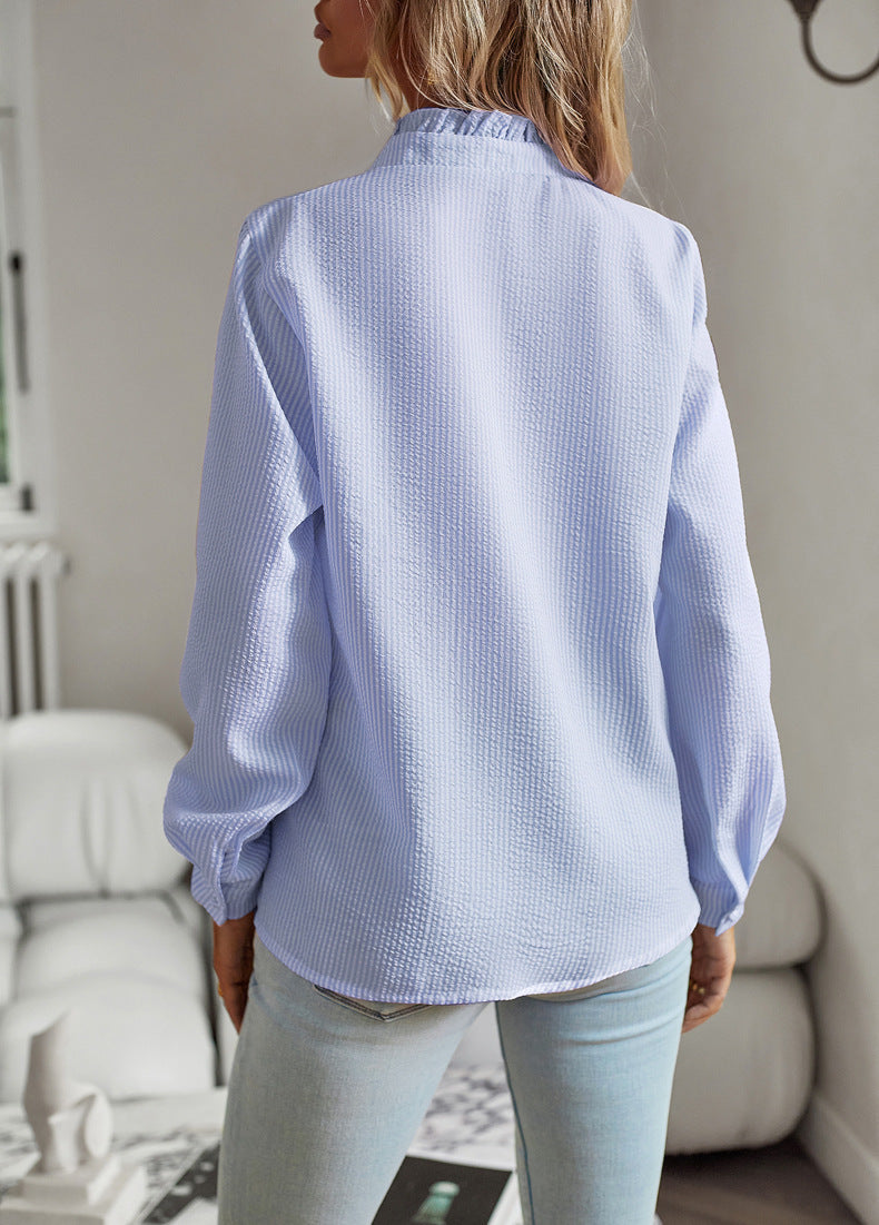 Striped Long Sleeve Shirt Fashion Ruffle Design Button Up Tops | Koalakits36