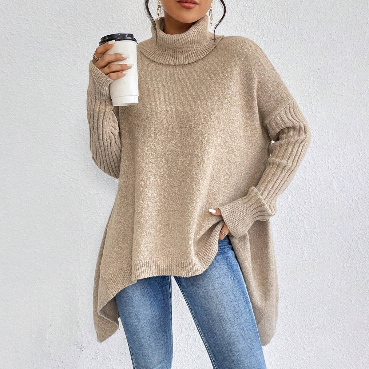 Irregular Turtleneck Sweater Winter Loose Long Sleeve Knitted Tops Leisure Warm Pullover Sweater Koalakits36