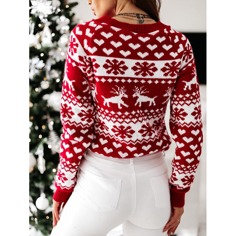 Women Christmas Sweaters Winter Long Sleeve Knitted Sweater Elk Snowflake Print Knitted Jumpers Knitwear Casual Soft Jacquard Pullover Koalakits36