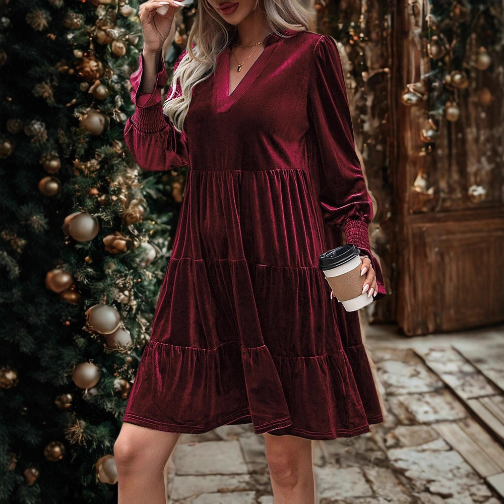 Long Sleeve Christmas Skirt Velvet Cake Dresses With Puffy Sleeves And V-Neck Mini Skirt Elegant Short Dress For Women Koalakits36