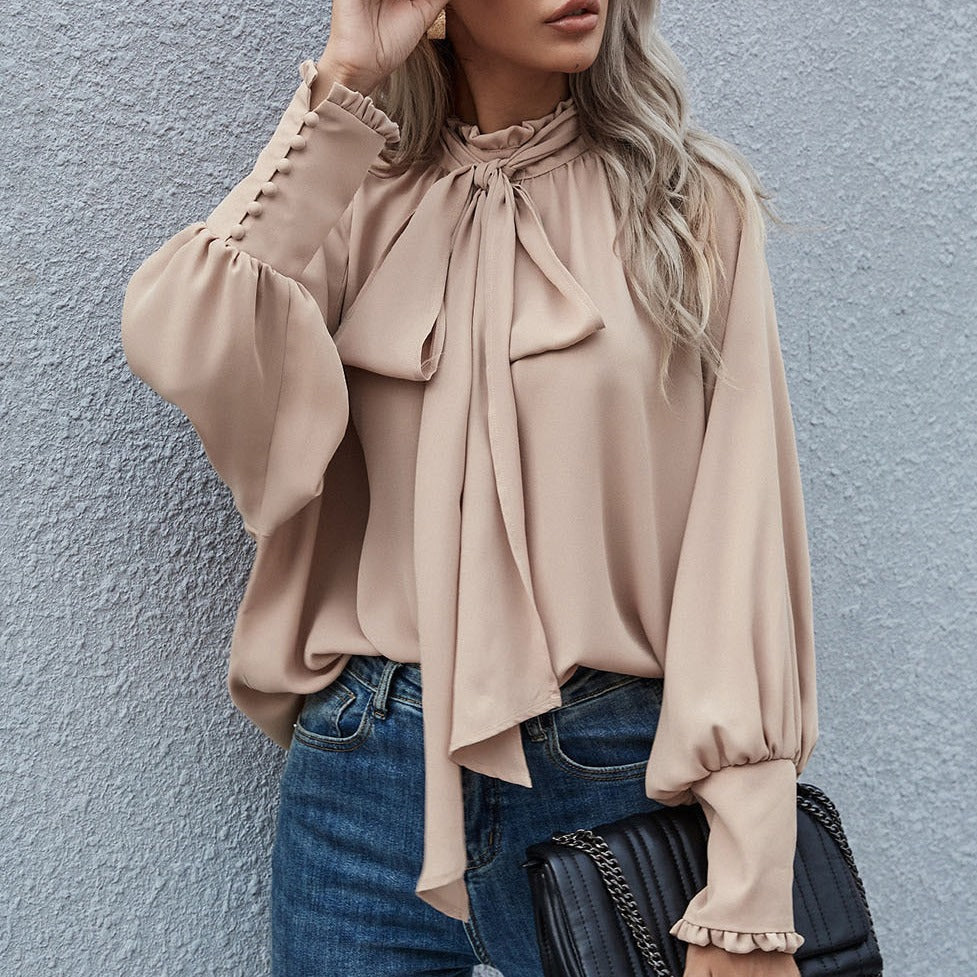 Long-sleeved Blouse Bowknot Puff Sleeves Fashion Commuter Office Tops  Koalakits36