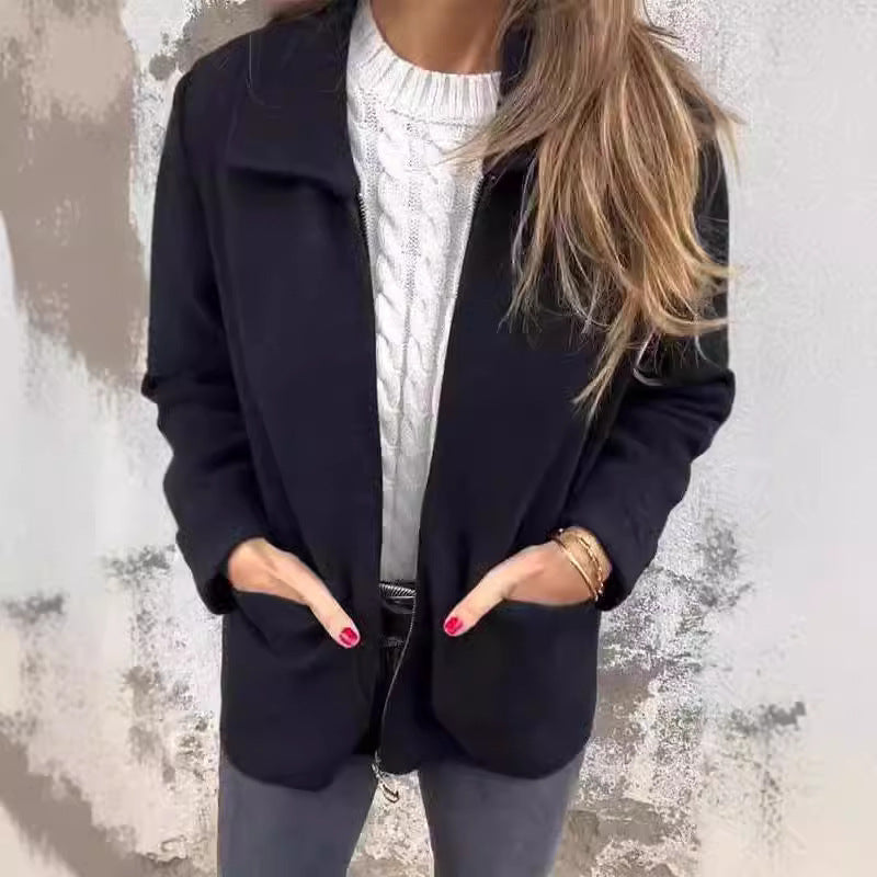 Lapel Zipper Jacket With Pockets Fashion Solid Color Coat Fall Winter