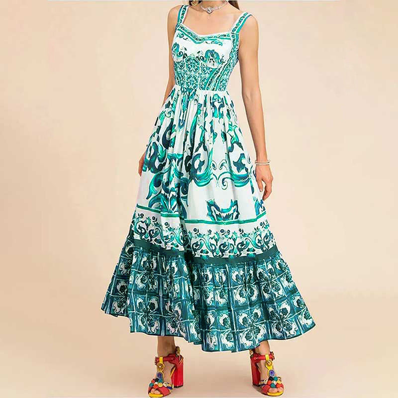 Printed Sleeveless Dress Fashion Spaghetti Waist-controlled Large Hem Dresses For Women | Koalakits36